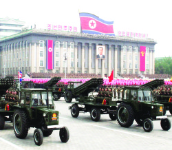 Tanks roll through the
streets of a North Korean city. This is part of the totalitarian
state’s renewed aggressive rhetoric towards its counterparts.